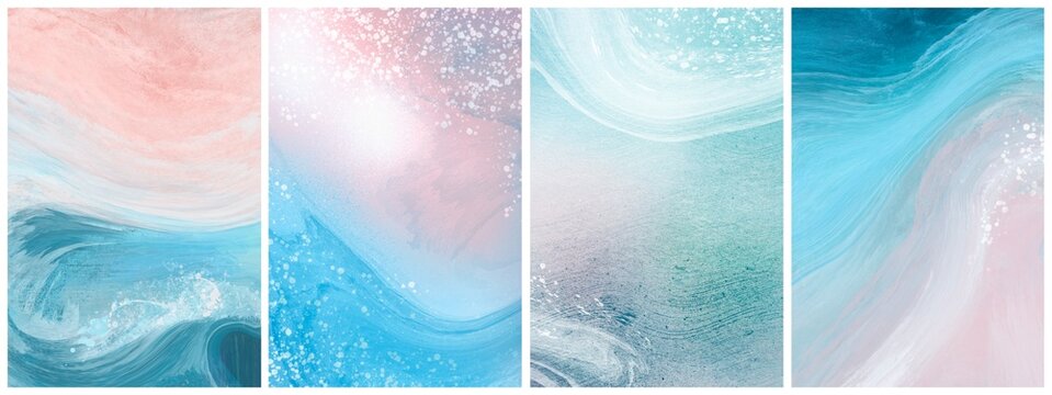 set of abstract backgrounds with waves, fluid art with splattered paint drops, ocean vibes, turquoise tender templates with space for text, posters, blue and pink interior paintings collection 