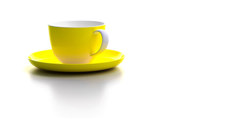 Yellow cup and yellow saucer on white background