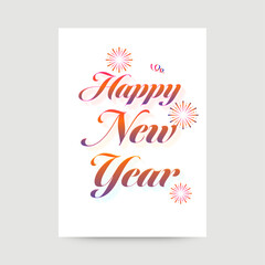 Happy New Year Font With Fireworks On White Background.