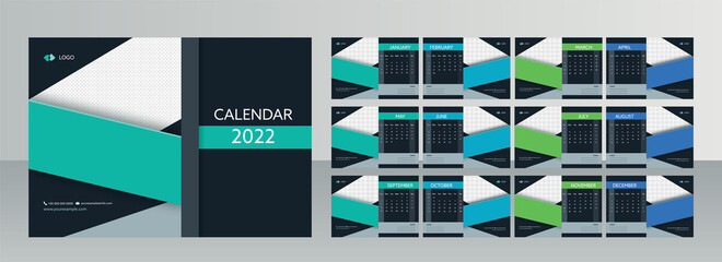 Complete Set Of 12 Months Modern Calendar Design With Copy Space For 2022 Year.
