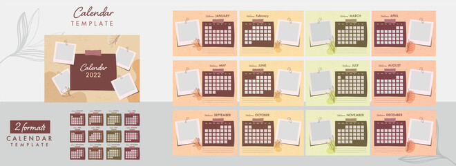 Complete Set Of Two Formats 2022 Yearly Calendar Template Layout With Empty Sticky Note.
