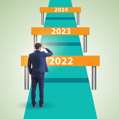 Businessman in front of year barriers