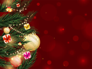 Obraz premium Realistic Christmas Festival Elements On Red Bokeh Background And Copy Space.