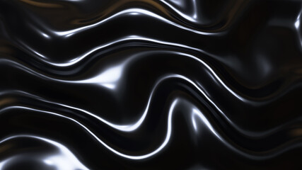 Black metal texture with waves, liquid dark metallic silk wavy pattern, 3D render illustration.