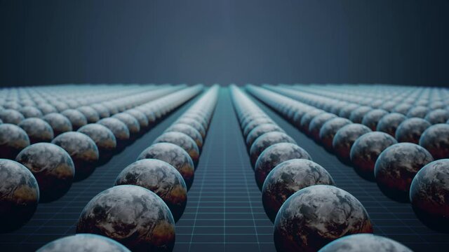 Animation of parallel universes in many worlds interpretation of quantum physics. Multiple Earth planents in multiverse. Elements furnished by NASA.