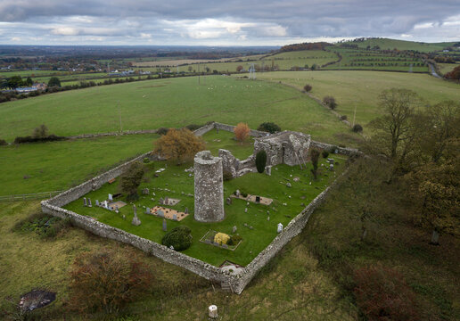 Oughterard church ruins aerial view. Co. Kildare. Ireland. November 2021