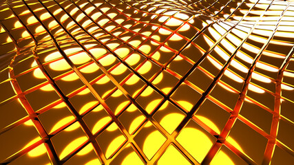 Background 3D with gold cubes waves field, abstract technology design, fantastic sea of hexahedron square pattern, 3D render illustration background.
