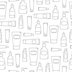 Line art doodle bottles and tubes on white background. Cosmetic products seamless pattern. Skincare products. Vector illustration