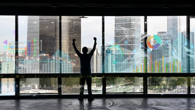 4k businessman back raising victory arm;Overlooking the urban from window.financial chart;Business tech digital Data trend hud Graph;Changing Economic node line;Digital Tableau of Stock Market Values.