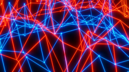 Abstract technology background with neon glowing lines on black, orange blue striped sci fi  3D render background.