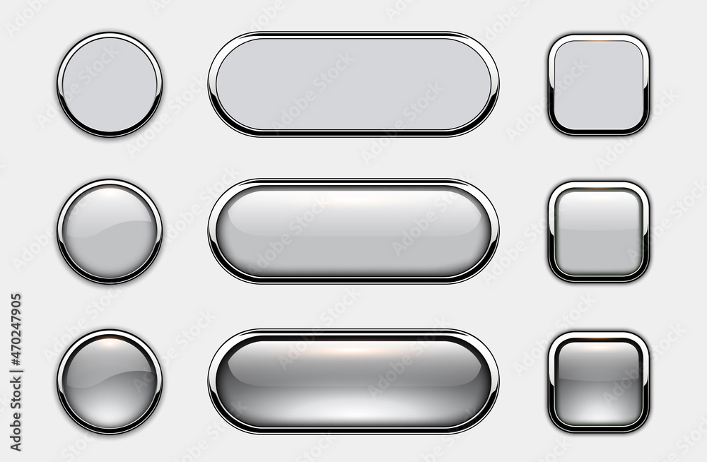 Aufkleber White gray buttons for user interface with metallic shiny chrome frames, vector illustration.
