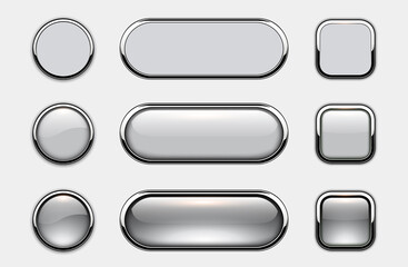 White gray buttons for user interface with metallic shiny chrome frames, vector illustration.
