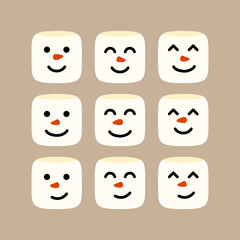 Set marshmallow cute face character. Flat style. Design for greeting card, banner, poster. Vector illustration.
