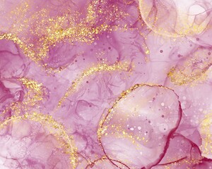 Abstract pink purple fluid art liquid alcohol inks splash background with gold metal glitter 