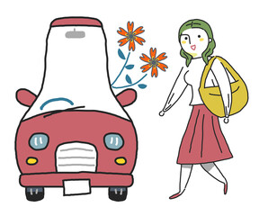 かわいい自動車と女性　イラスト素材			

