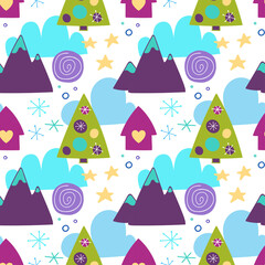 Vector seamless pattern with NY trees, clouds, houses and mountains on a white background. Illustration for wrapping paper, post cards, prints for fabric, emblems, advertising and packaging. 