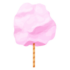 Sweet pink cotton candy sugar cloud on stick in cartoon style isolated on white background. Fluffy dessert, holiday symbol. 