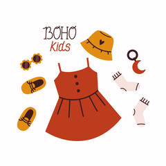Сute boho dress with socks, glasses and shoes. Lettering Boho kids. Vector flat illustration.