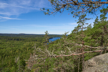 A Great view from the top of a hill. Looking out over the Swedish lake. Nature during the summer. Nice weather and climate. Stockholm, Sweden, Scandinavia, Europe.