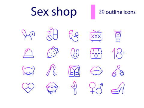 Adult toys outline icons set. Sex shop. Erotic products. Sexual accessories. Isolated vector stock illustration