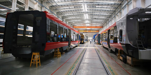 Inside the carriage assembly plant. Production workshop for the production of high-speed trains.