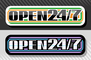 Vector logos Open 24/7, white and black horizontal isolated labels unique decorative lettering for words open 24/7, business concept with shadow on grey striped background.