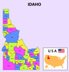 Idaho map. District map of Idaho. District map of Idaho in color with capital.