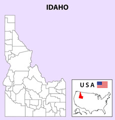 Idaho Map. State and district map of Idaho. Administrative and political map of Idaho with outline and black and white design.