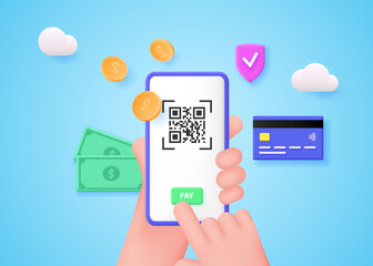 Hands hold a smartphone to scan the QR code and pay online. Money transfers and secure online shopping.