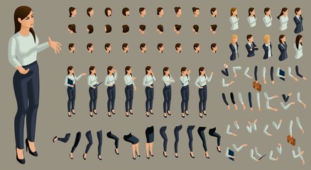 Isometrics people emotions face, create your character. 3D business lady with a set of emotions and gestures of hands. Creative large set for vector illustrations