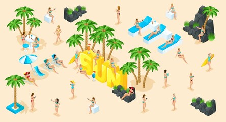Isometric vector people, set 3d girl in bathing suits beach, sunbathing, stones, big word sun summer vector illustration