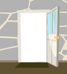 Opened door. Simple and flat style. Day. Inside view from the room of the house. stone wall. Open. Cartoon cute fairy tale design. Image background. Vector