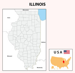 Illinois Map. State and district map of Illinois. Administrative and political map of Illinois with neighboring countries and border in white color.