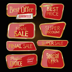 Collection of golden badges and labels
