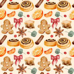 Watercolor Christmas seamless pattern with holiday elements