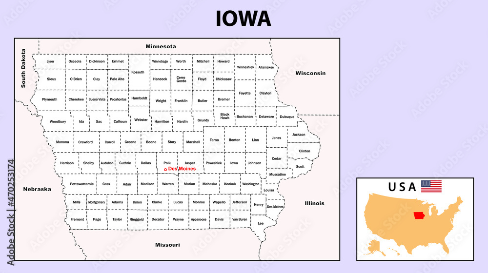 Wall mural iowa map. political map of iowa with boundaries in white color.