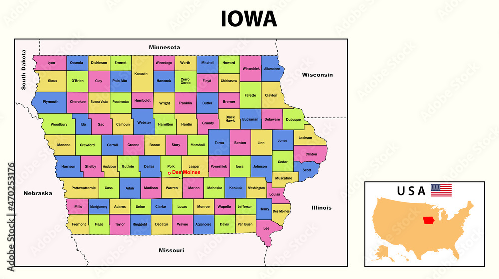 Wall mural iowa map. state and district map of iowa. political map of iowa with neighboring countries and borde