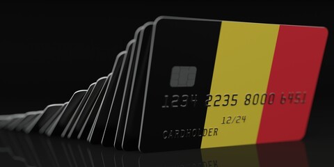 Domino effect, fallen credit cards with flags of Belgium. Fictional data on card mockups. Banking collapse conceptual 3d rendering