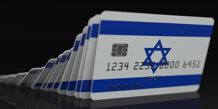 Falling plastic cards with flag of Israel on dark background, fictional data on card mockups. Economic crisis conceptual 3d rendering