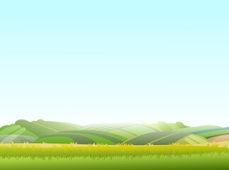 Spring juicy meadow. Blue sky. Rural landscape with grass and orchard farmer hills. Cute funny cartoon design. Flat style. Vector.