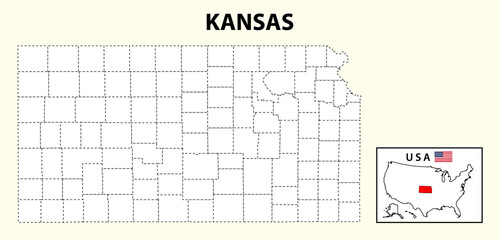 Kansas Map. State and district map of Kansas. Administrative map of Kansas with outline and black and white design.