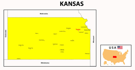 Obraz na płótnie Canvas Kansas Map. State and district map of Kansas. Administrative and political map of Kansas with major district