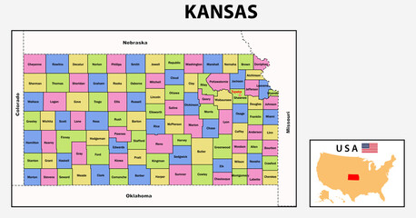 Kansas Map. Political map of Kansas with boundaries.