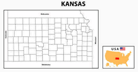 Kansas Map. Political map of Kansas with boundaries in Outline.