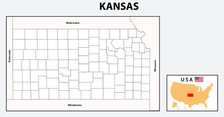 Kansas Map. Political map of Kansas with boundaries in Outline.