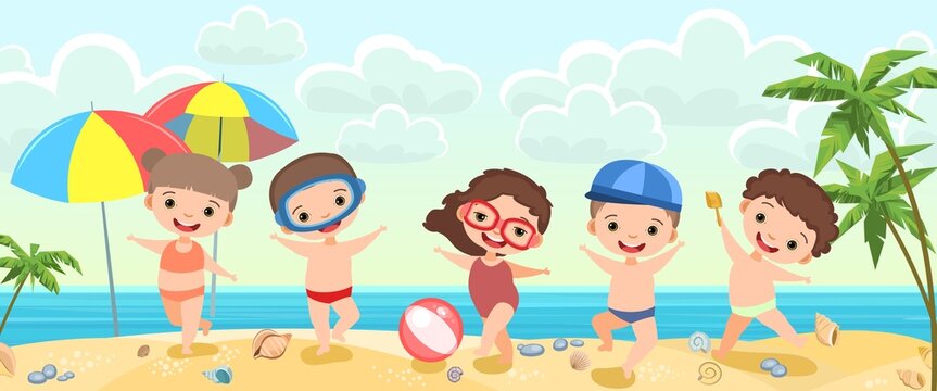 Child beach. Sandy seashore. Sea landscape. Tropical palms. Cartoon style. Children are having fun and jumping. Sun umbrella. Vector. © Ирина Мордвинкина