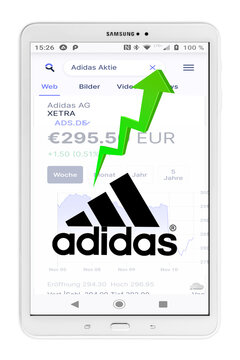 Addidas AG mit Logo Smartphone Aktienmarkt wei&szlig;er Hintergund
