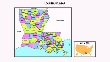 Louisiana Map. State and district map of Louisiana. Political map of Louisiana with neighboring countries and borders.