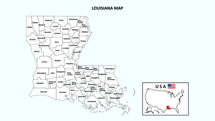 Louisiana Map. State and district map of Louisiana. Administrative map of Louisiana with district and capital in white color.