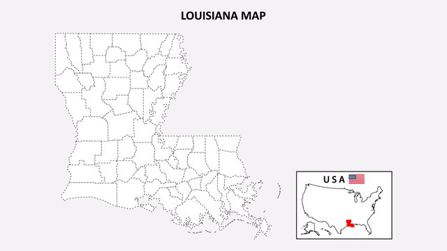 Louisiana Map. State and district map of Louisiana. Political map of Louisiana with outline and black and white design.